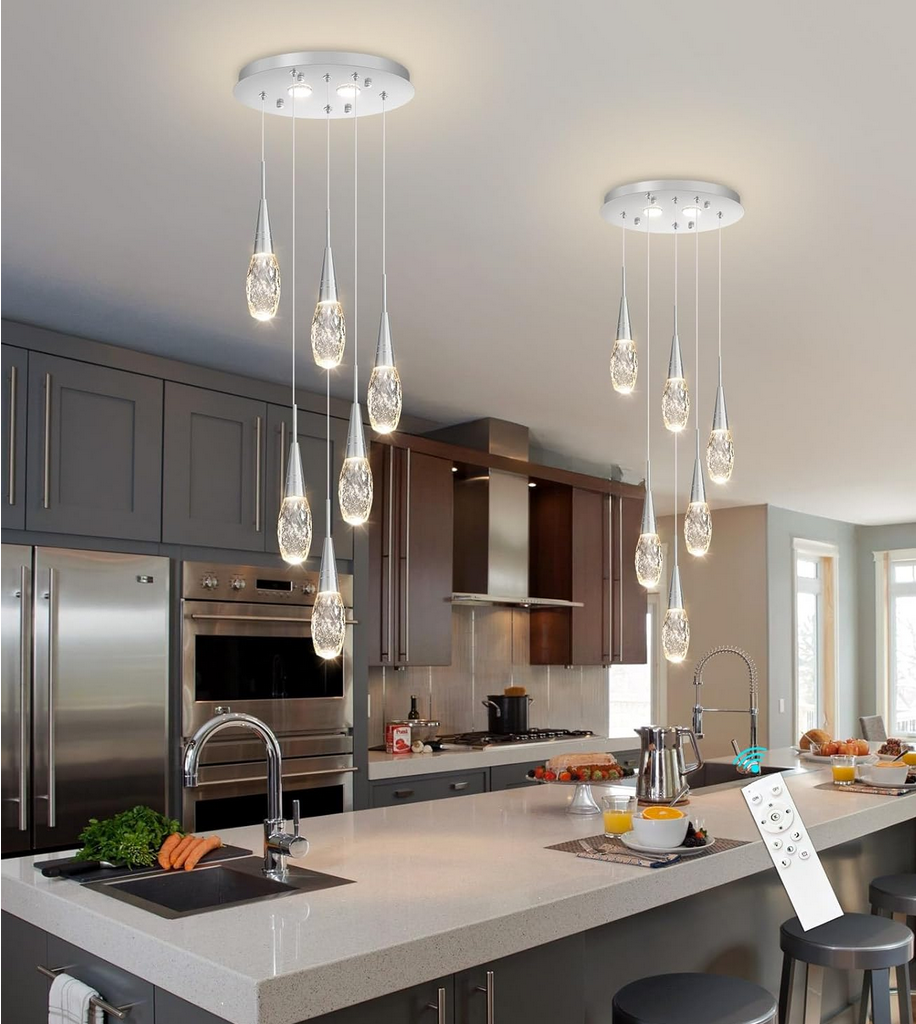 6-Lights Adjustable Pendant Lights for Kitchen Island LED Dimmable Light Fixture Modern Glam Crystal Hanging Lighting for Dining Room Bedroom Silver