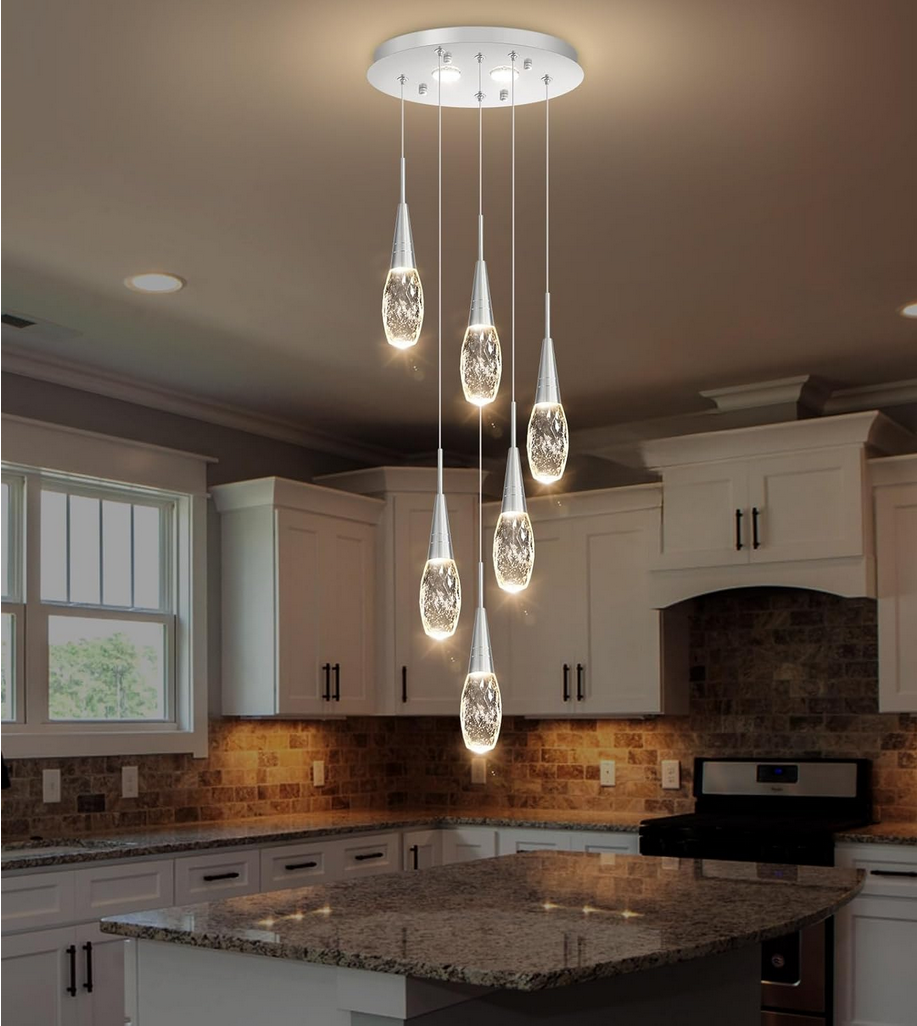 6-Lights Adjustable Pendant Lights for Kitchen Island LED Dimmable Light Fixture Modern Glam Crystal Hanging Lighting for Dining Room Bedroom Silver
