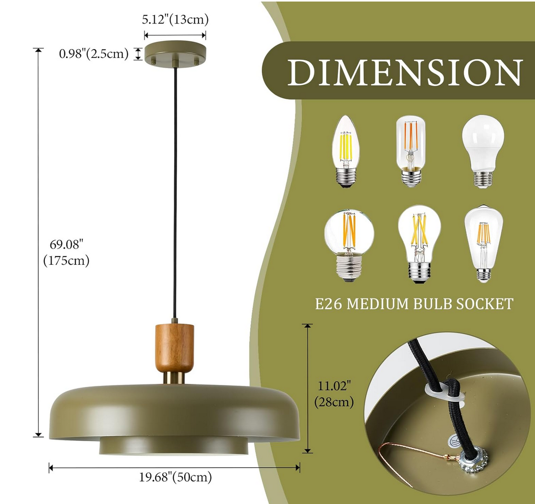 Mid Century Chandelier 19.68 inch Natural Wood Deep Green Shade Large Pendant Ceiling Lights 