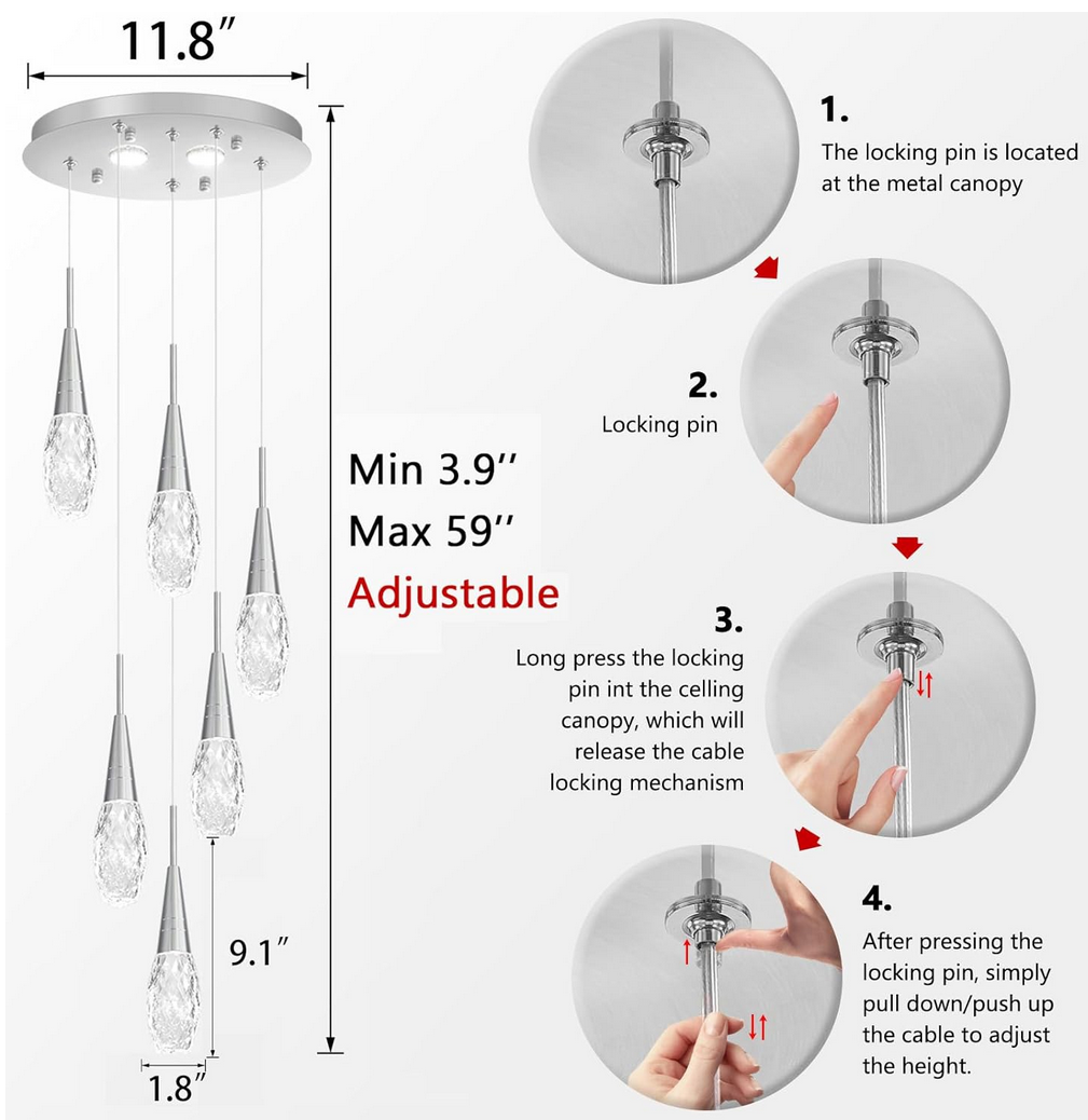 6-Lights Adjustable Pendant Lights for Kitchen Island LED Dimmable Light Fixture Modern Glam Crystal Hanging Lighting for Dining Room Bedroom Silver