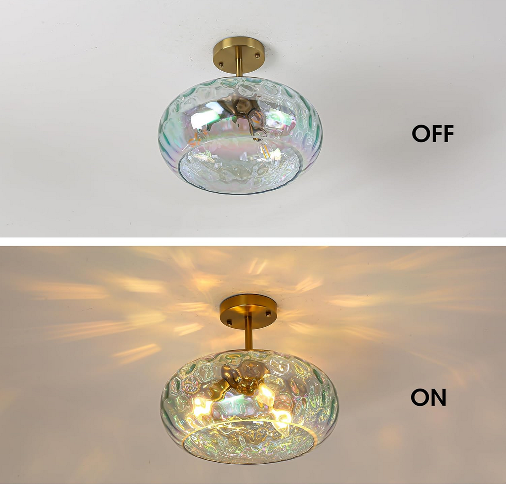 Semi Flush Mount Ceiling Light, 14" Large 3-Lights Ceiling Light Fixture with Iridescent Hammered Glass Shade, Modern Chandelier for Hallway Entryway Foyer Bedroom, Brass/Gold 