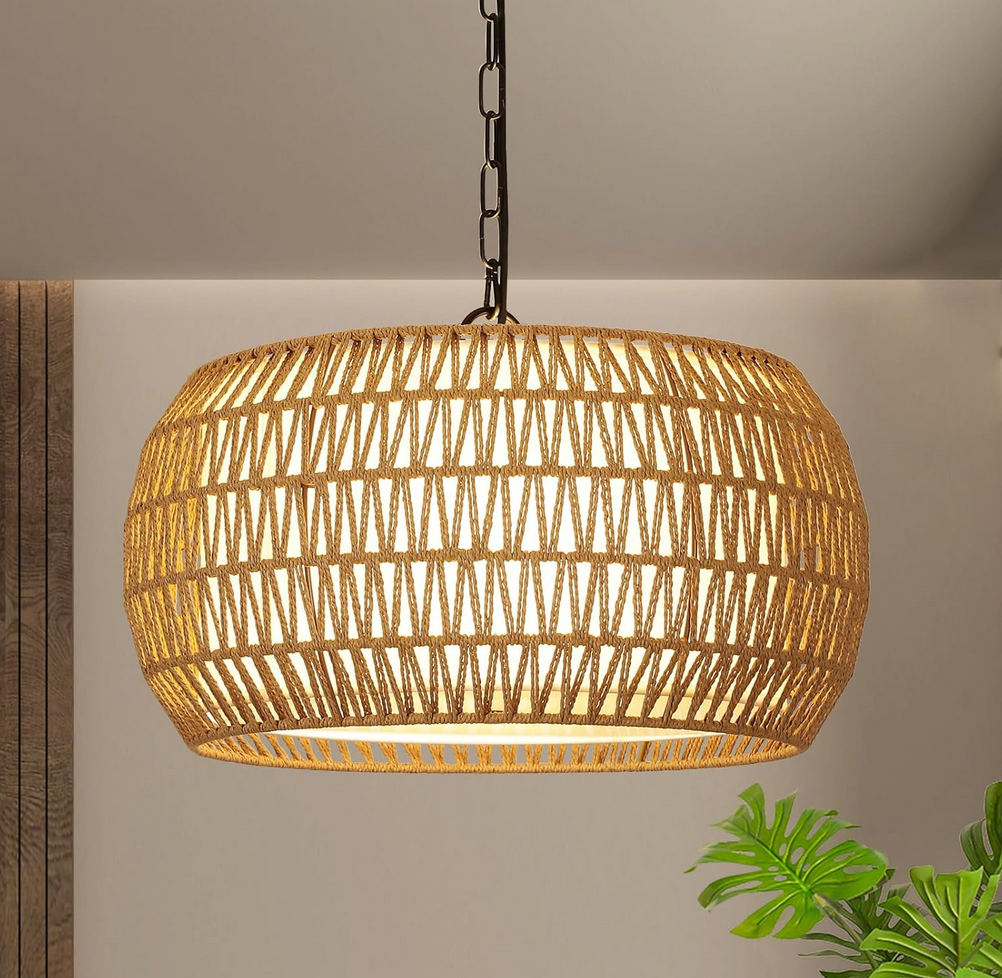 Rattan Farmhouse Chandelier Light Fixtures, 5-Lights Boho Large Pendant Light,Hand Woven Chandeliers for Dining Room with Fabric Shade,Rustic Chandeliers Hanging Light Fixtures for Kitchen Island 