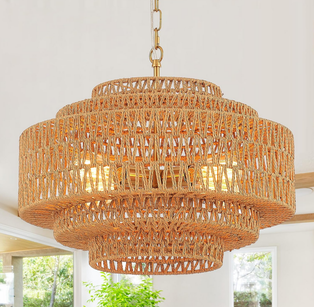 Boho Chandelier 20in 4-Light Gold Hand-Woven, Rattan, Coastal, Vintage, Bamboo, Wicker, Light Fixtures, Chandeliers, Dining Room, Kitchen Island Visit the Tunkayli Store