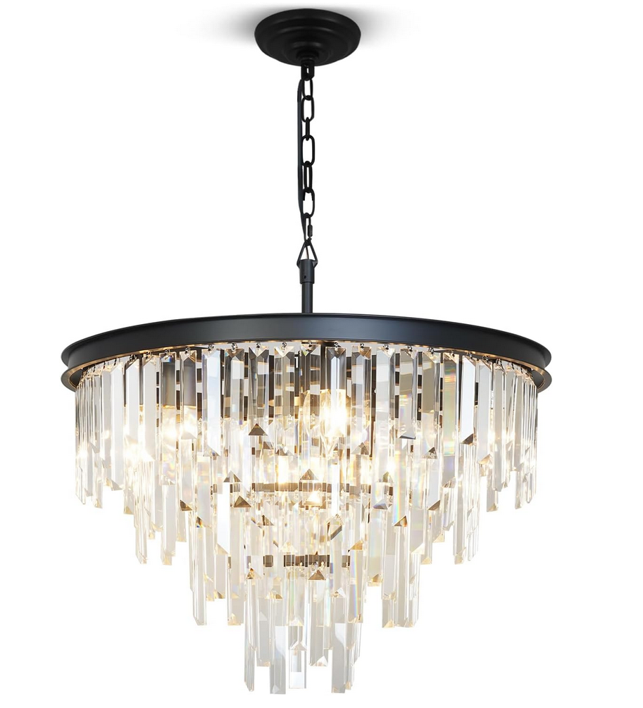 24'' Modern Crystal Chandelier, Black Round Ceiling Light with Clear Prisms, Luxury Flush Mount Lighting Fixture for Dining Room Bedroom Foyer 