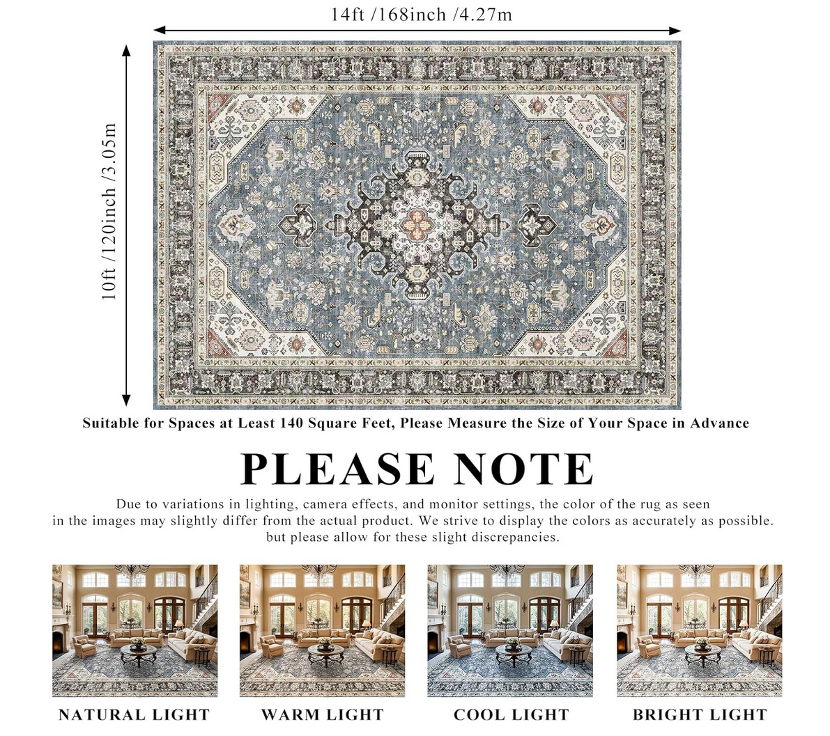 Living Room Area Rugs 10x14: Extra Large Area Rug Super Soft Distressed Oriental Rugs with Non-Slip Backing - Thin Stain Resistant Indoor Rug - 10x14 Navy Blue 