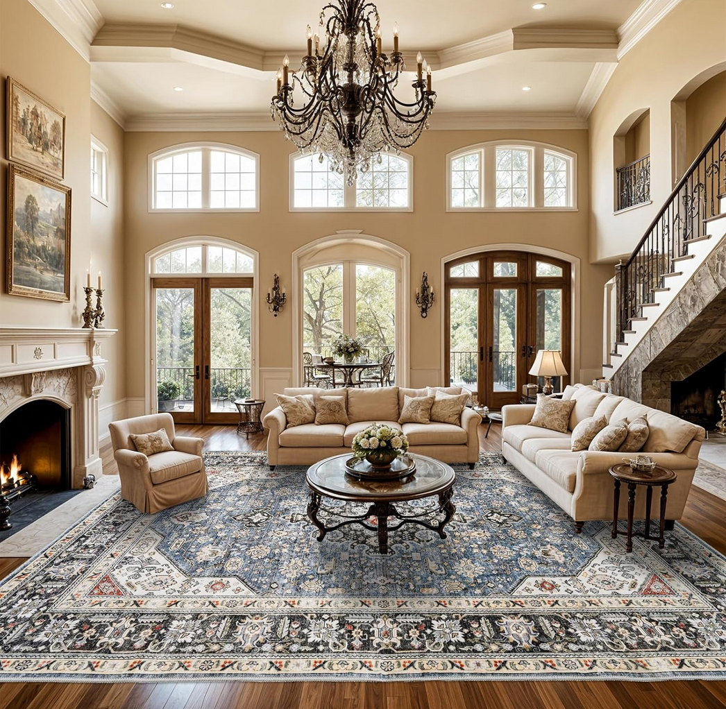 Living Room Area Rugs 10x14: Extra Large Area Rug Super Soft Distressed Oriental Rugs with Non-Slip Backing - Thin Stain Resistant Indoor Rug - 10x14 Navy Blue