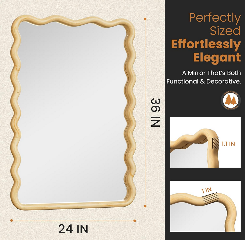 Bathroom Mirror for Wall, 24"x36" Boho Wavy Wood Mirror Large Full Length Decorative Mirror with Tempered Glass, Natural Wooden Frame Vanity Mirror for Bedroom, Living Room, Entryway 