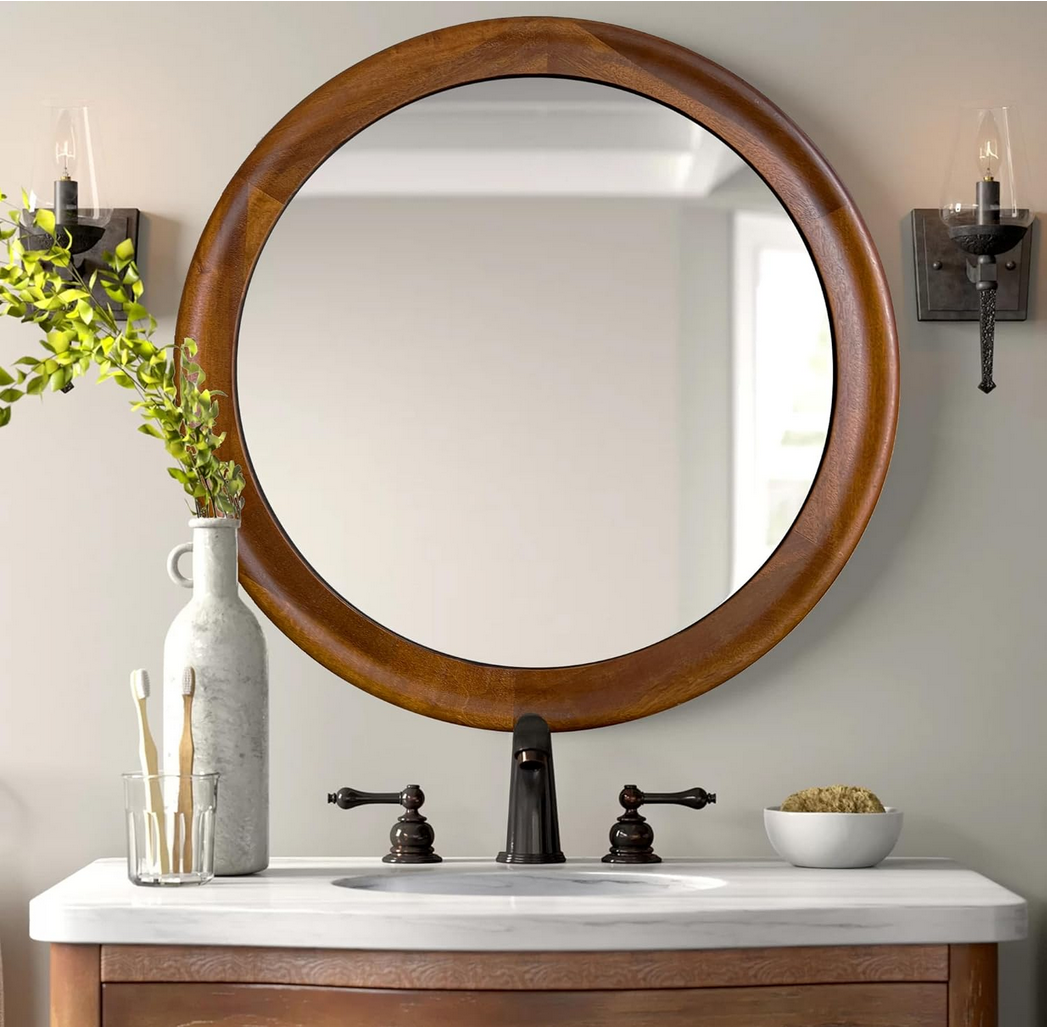 Round Wall Mirrors 36 Inch,Wood Rustic Decorative Transitional Mirror with Walnut Frame for Wall,Farmhouse Hanging Vanity Mirror for Bathroom Bedroom Living Room or Entryway（Walnut Brow)
