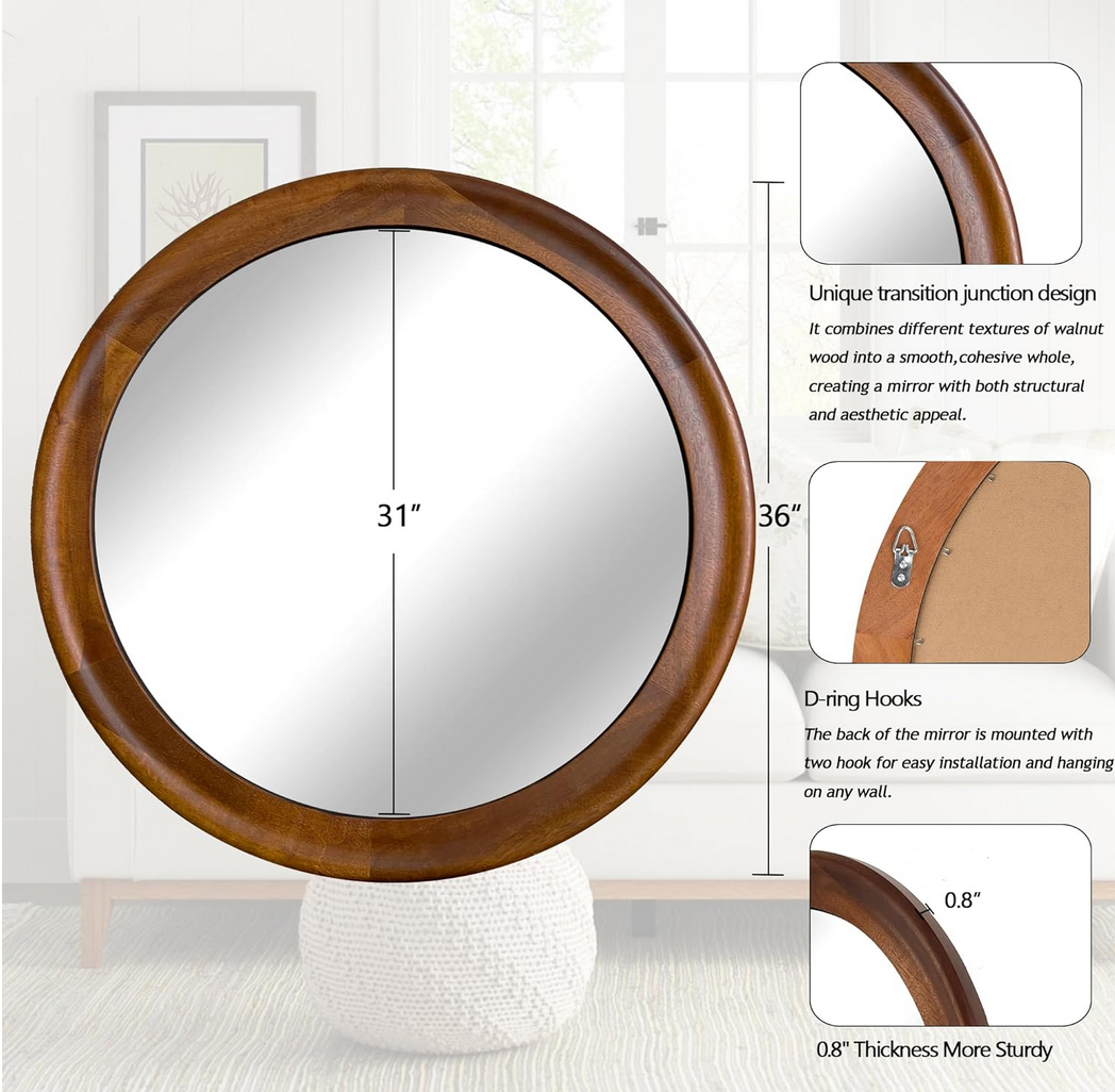 Round Wall Mirrors 36 Inch,Wood Rustic Decorative Transitional Mirror with Walnut Frame for Wall,Farmhouse Hanging Vanity Mirror for Bathroom Bedroom Living Room or Entryway（Walnut Brow)