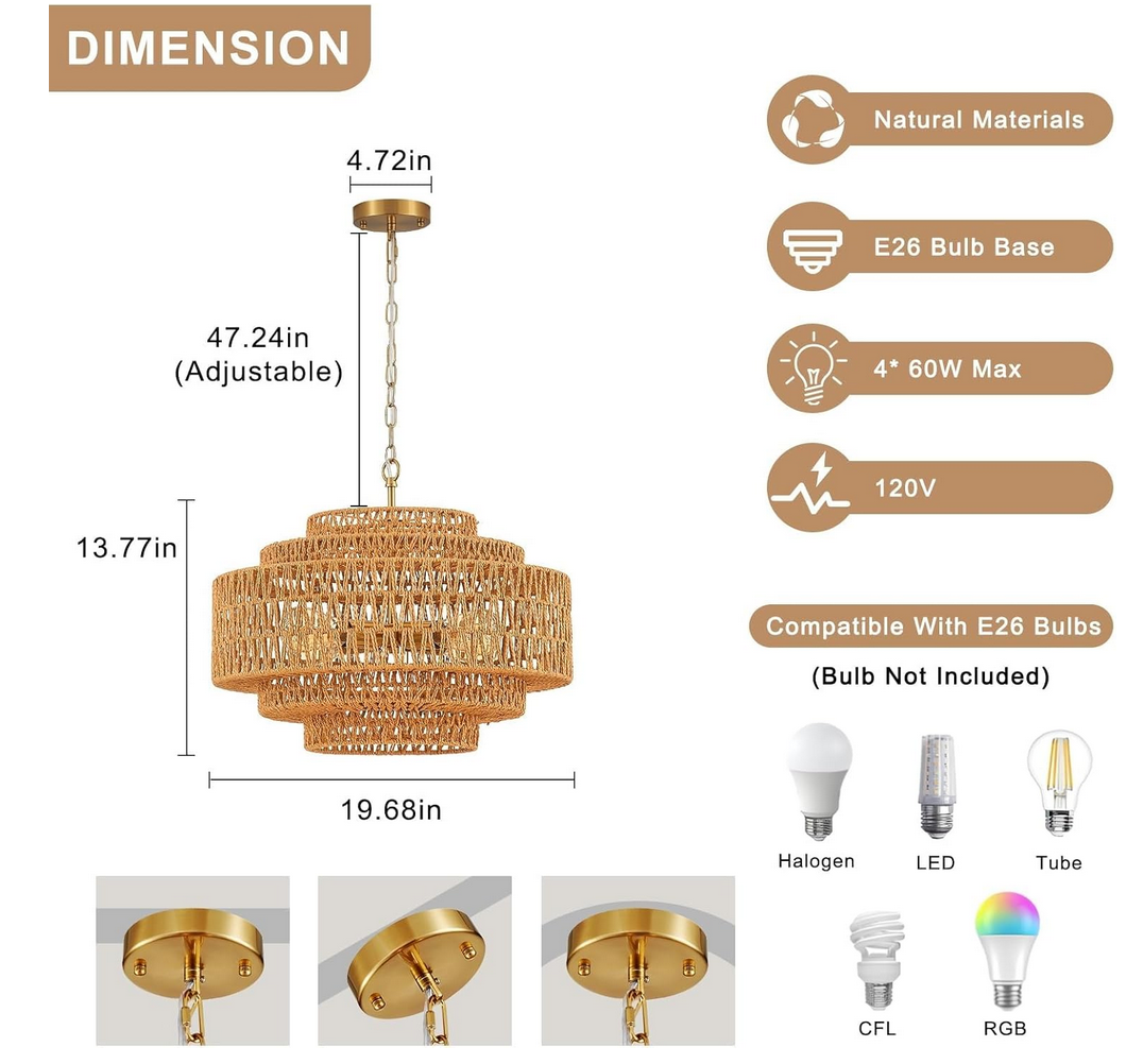  Boho Chandelier 20in 4-Light Gold Hand-Woven, Rattan, Coastal, Vintage, Bamboo, Wicker, Light Fixtures, Chandeliers, Dining Room, Kitchen Island Visit the Tunkayli Store