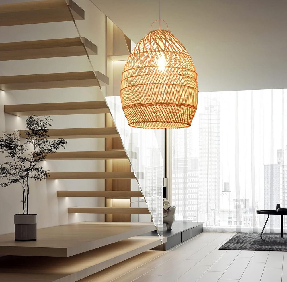 Arturesthome Boho Wicker Chandelier, Rustic Rattan Basket Pendant Light Fixture Coastal Crafts Lampshade, Farmhouse Hanging Lamp Ceiling Lighting for Kitchen Dining Room D 14.56in*18.89in 