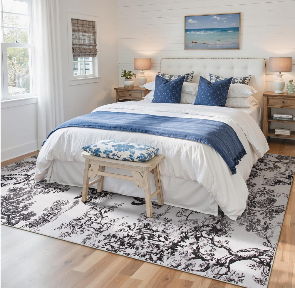 Lahome Living Room Rug 8x10, Classic Black Toile Vintage Botanical Washable Area Rug for Bedroom, Soft Large Non-Slip Unique Jungle Animal Print Carpet with Tigers and Lions for Aesthetic Decor