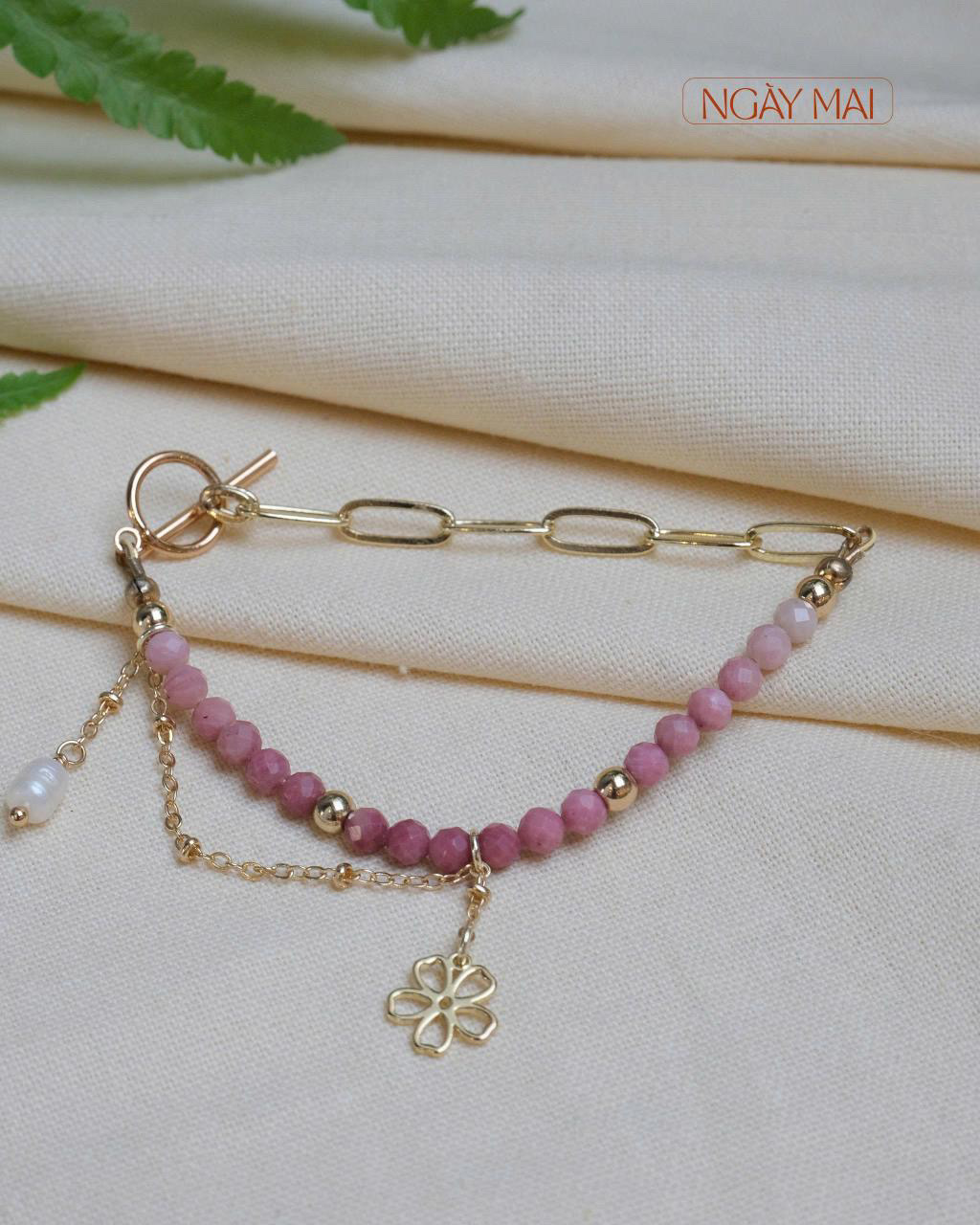 Pink Beaded Gold Bracelet