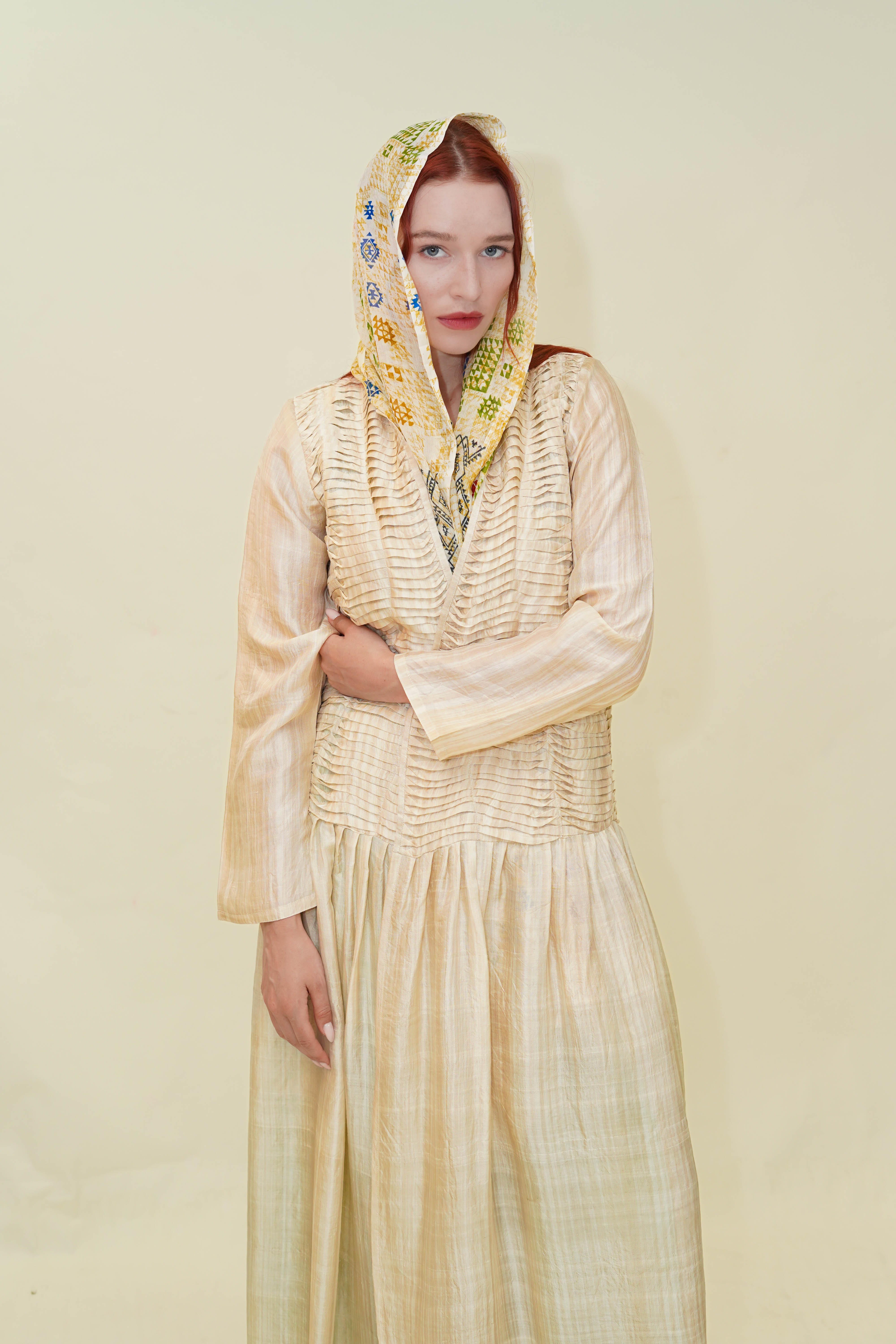 Cream Handwoven Pleated Mulberry Silk Abaya