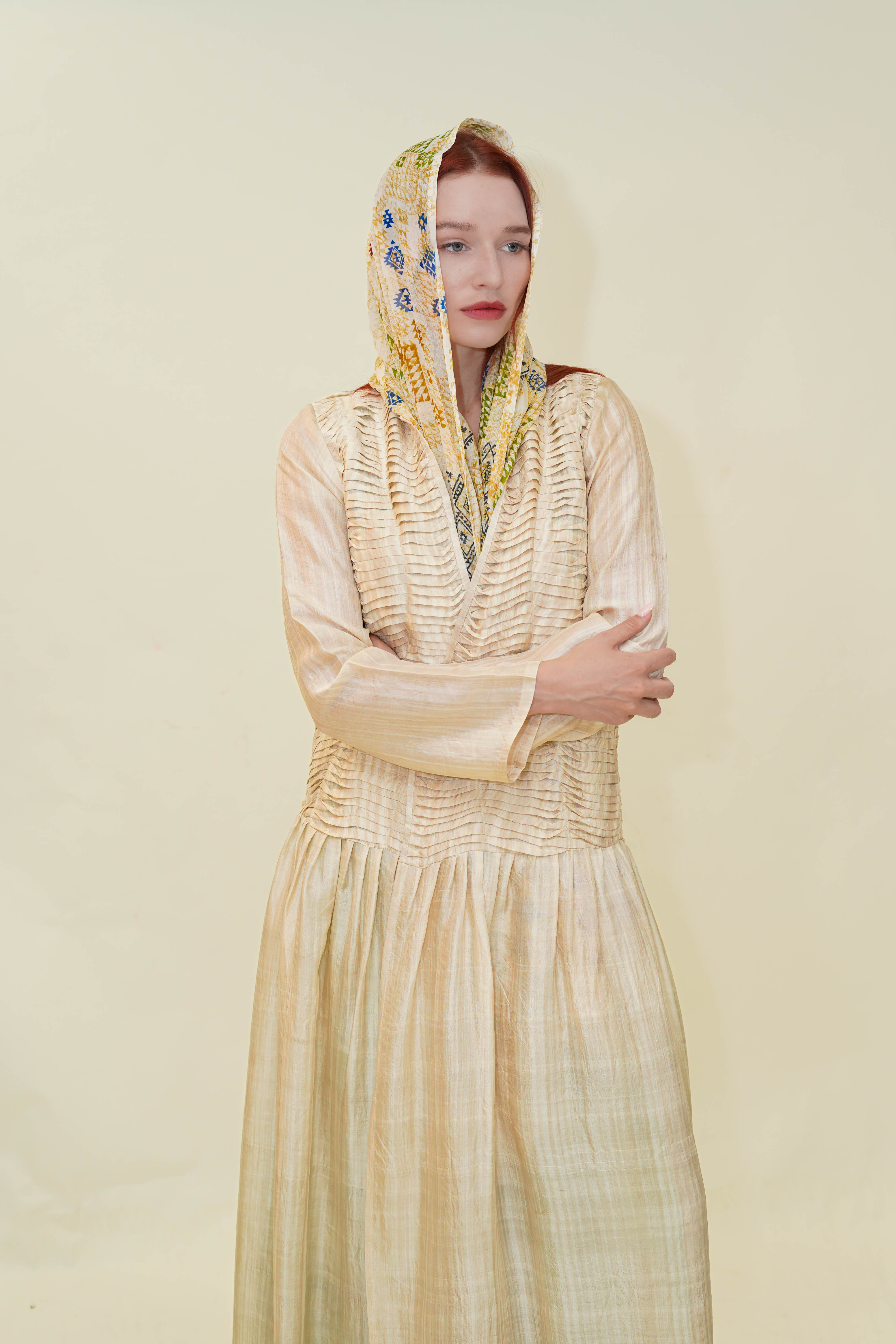 Cream Handwoven Pleated Mulberry Silk Abaya