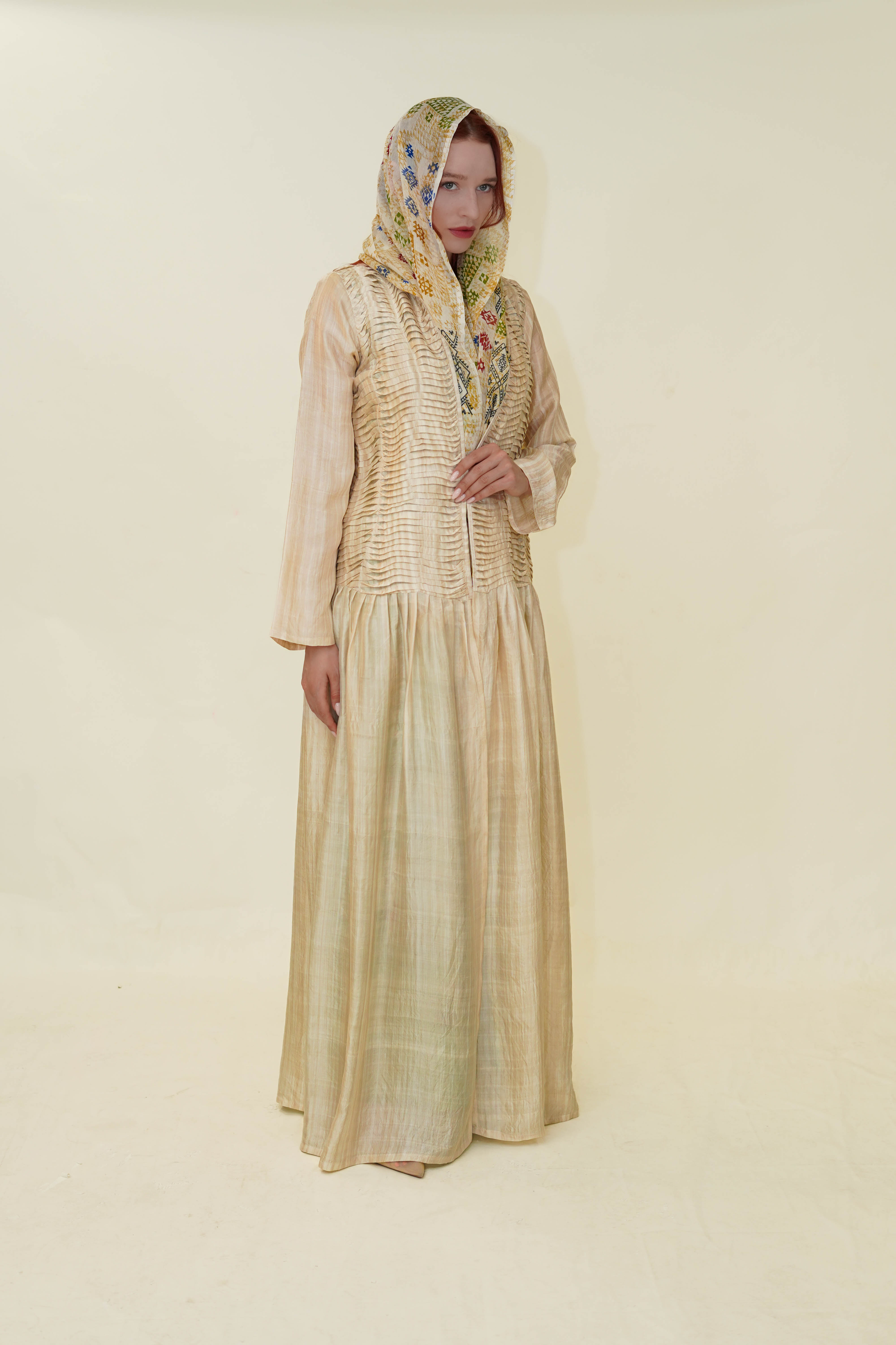 Cream Handwoven Pleated Mulberry Silk Abaya