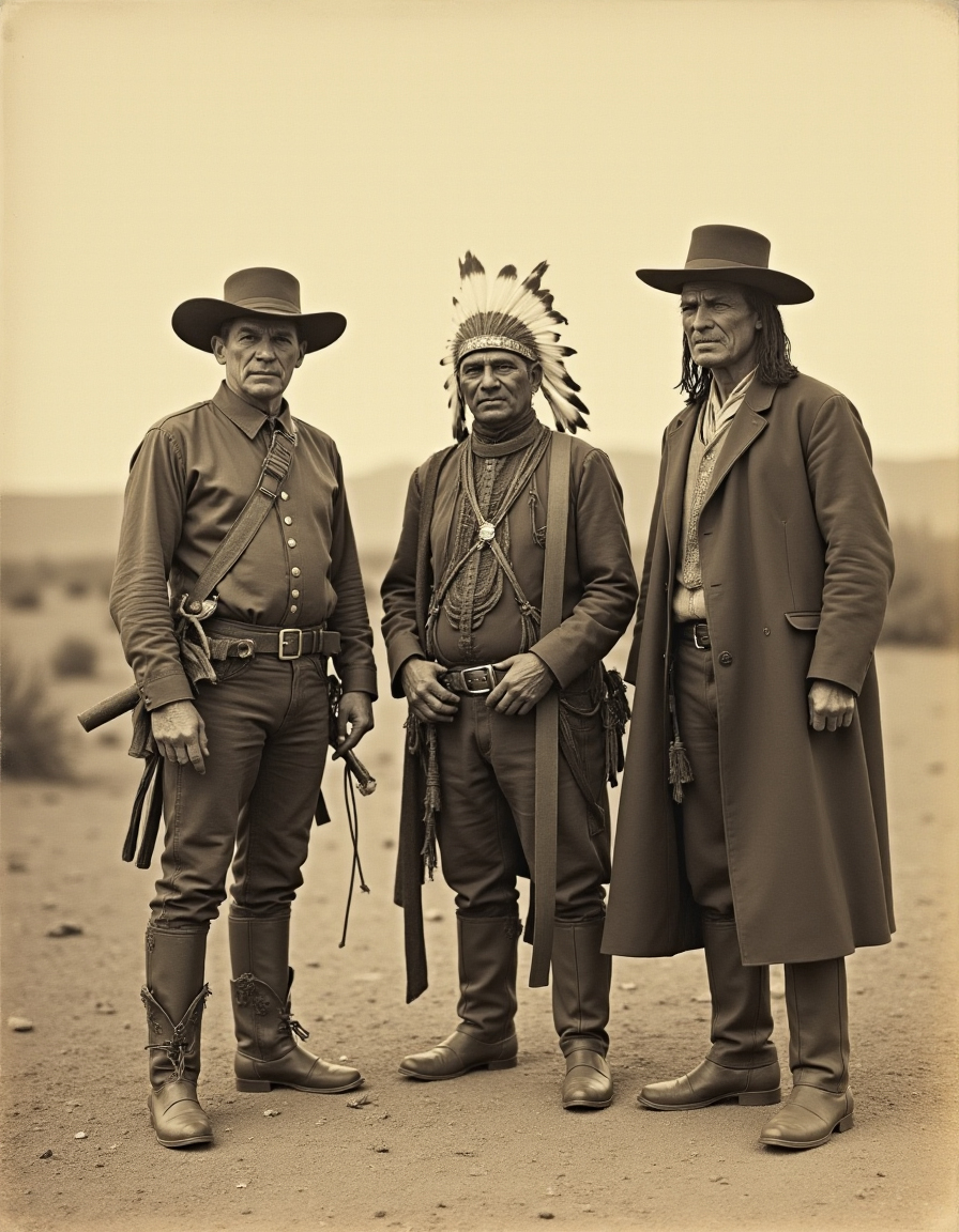 Vintage 1900s Cowboys and Native American in Desert