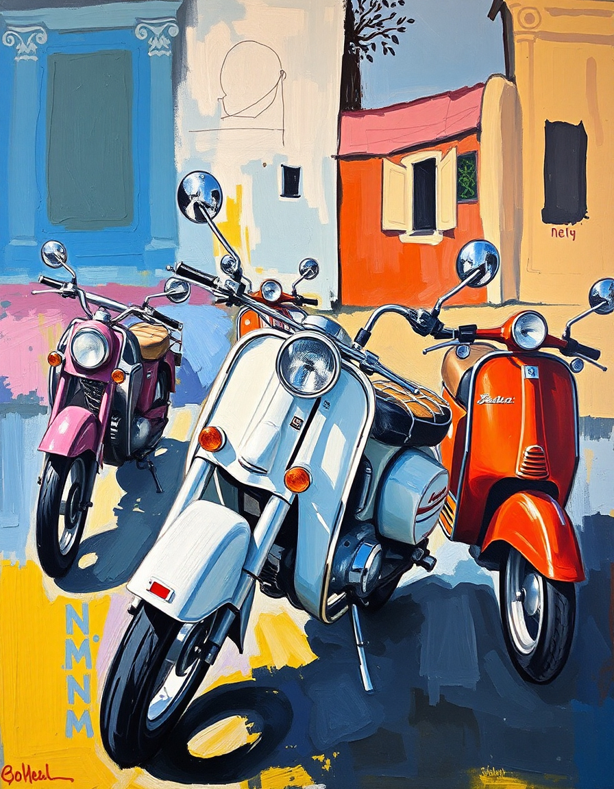 Colorful Abstract Artwork of Three Vintage Scooters