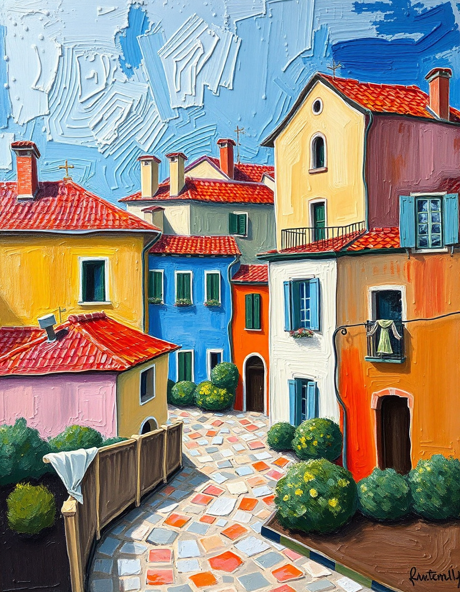 Colorful Mediterranean Village with Paved Path