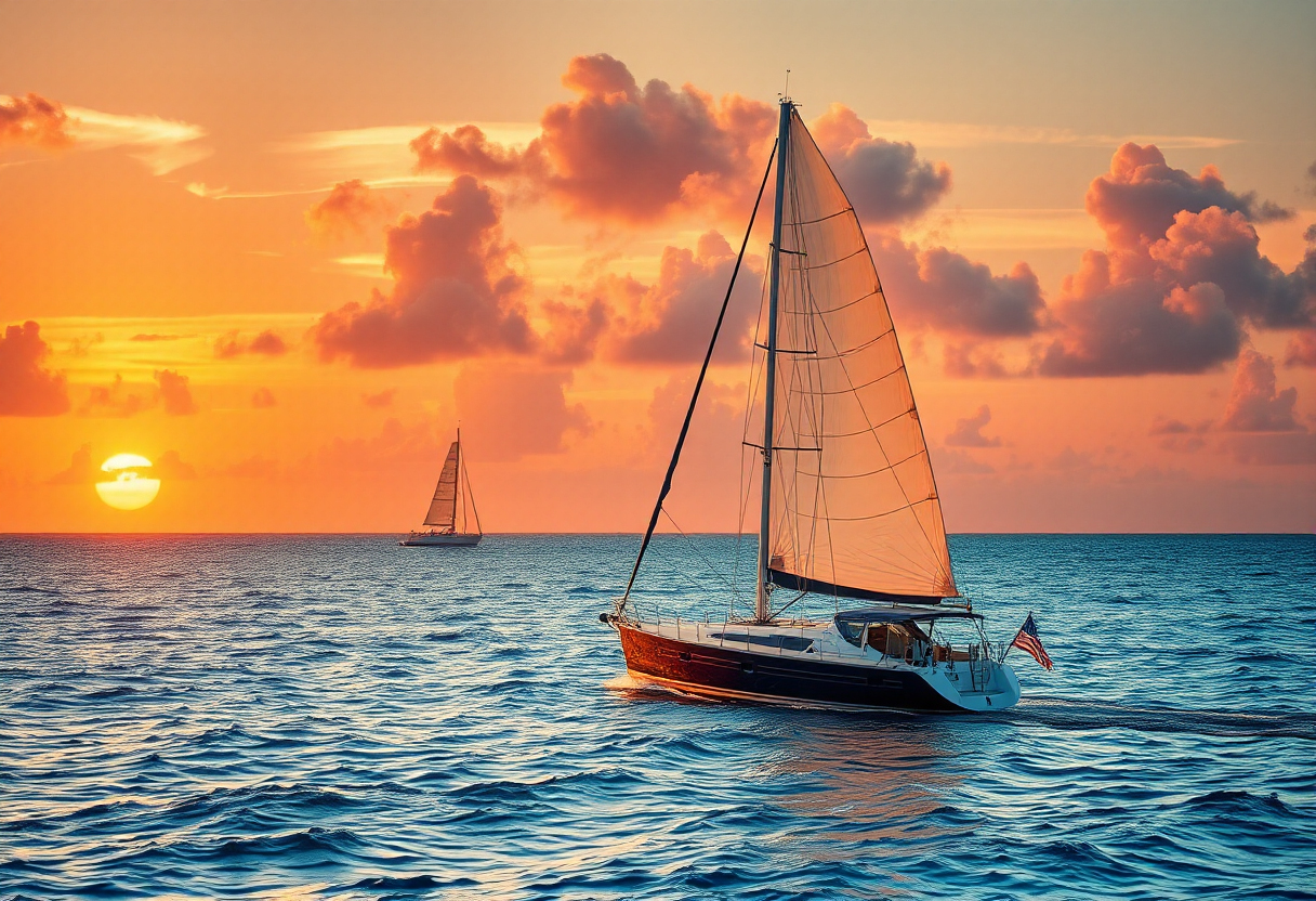 Sailboat sunset ocean scene wall art with distant sailboat