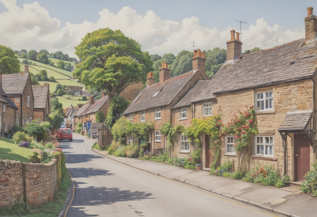 English Rural Village Hand-Drawn Artwork – Pair