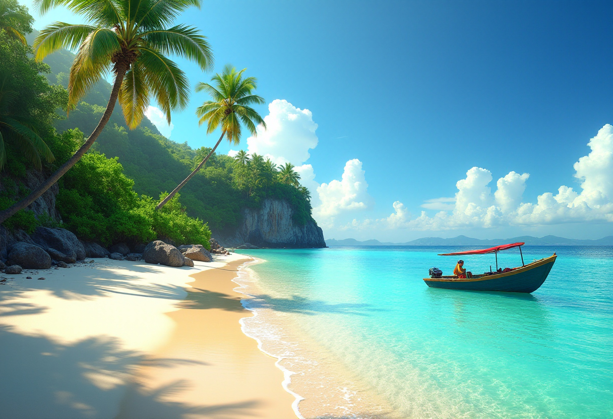 Tropical beach poster with turquoise water and fishing boat