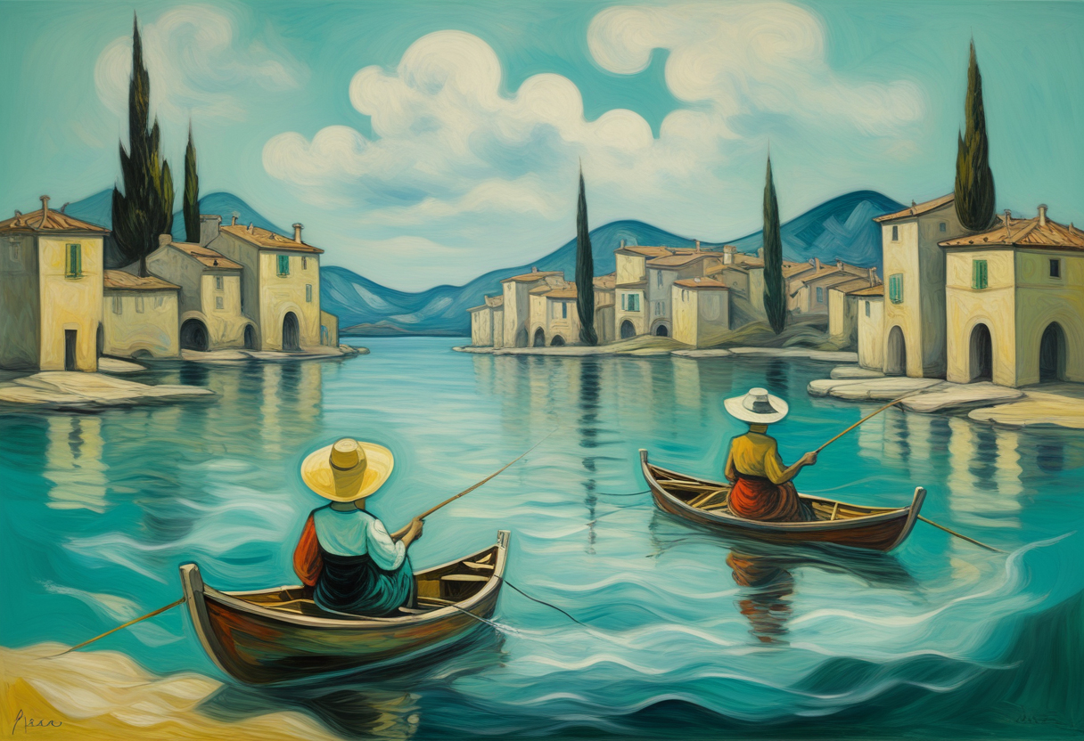 Serene Venetian Painting – Two Fishermen Boats on Turquoise River