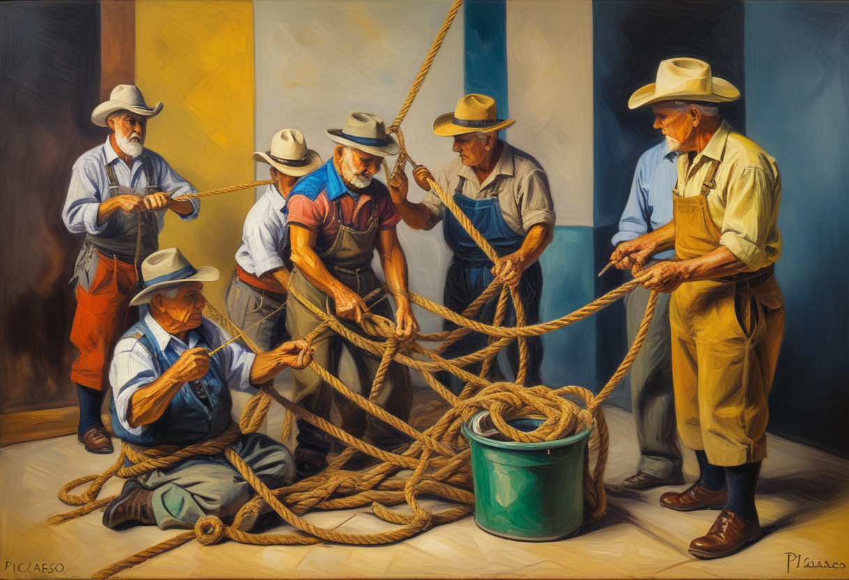 Seven Colorful Cowboys Untangling Rope – Western Artwork