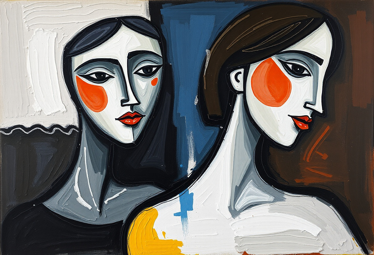 Abstract Picasso-Style Painting of Two Women