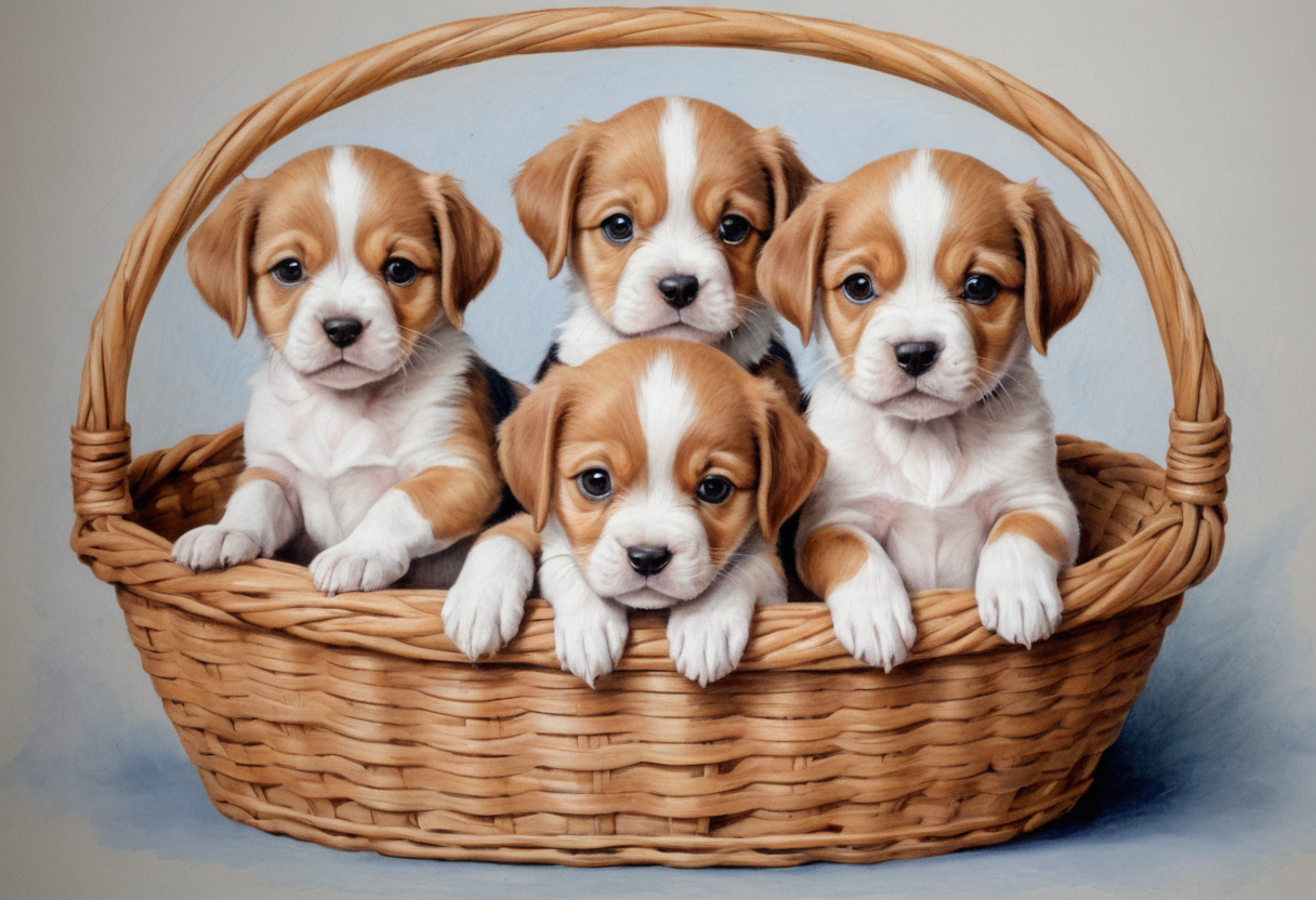 Four Beagle Puppies Sitting in Woven Basket