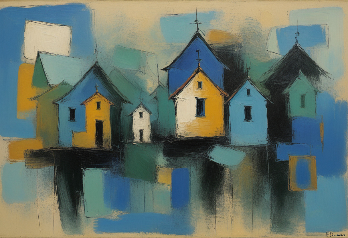 Abstract Monier-Style Artwork of Houses by River