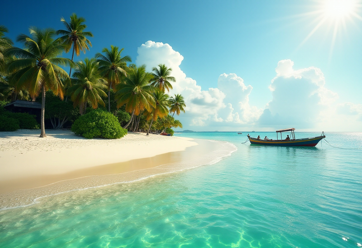 Tropical beach poster with shimmering water and fishing boat