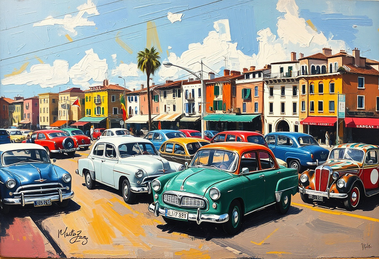 Group of Vintage 1950s Cars in Mediterranean Carpark