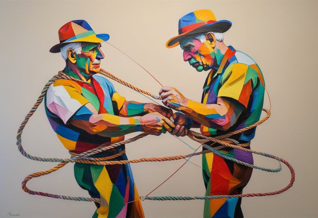 Two Colorful Cowboys Untangling Rope – Western Artwork