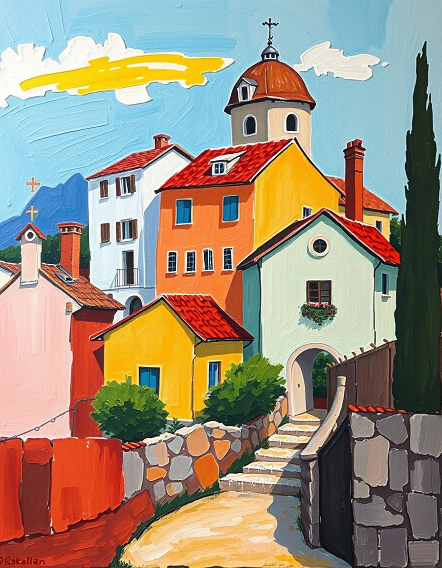 Colorful Mediterranean Village Artwork with Church Tower