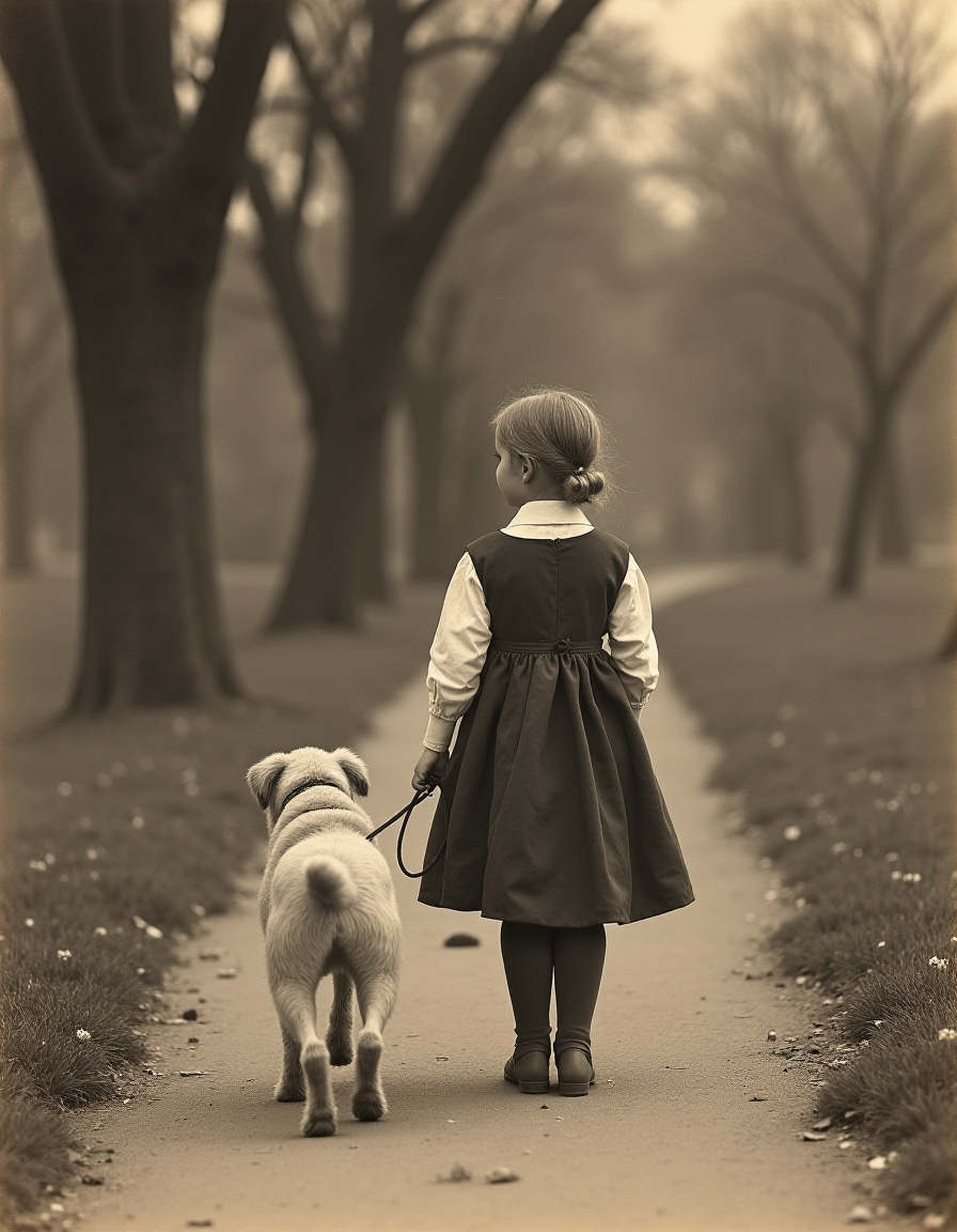 Vintage 1940s Girl Walking Dog in Park