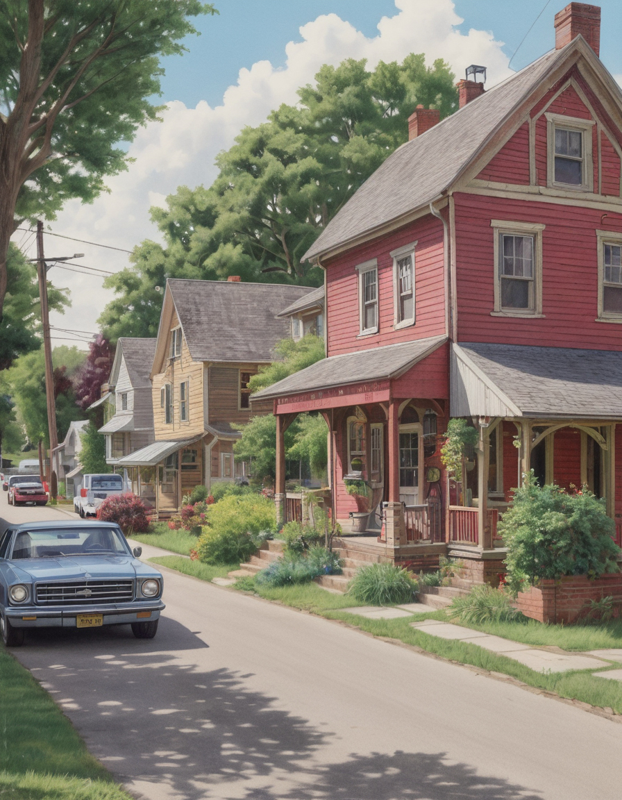 Hand-Drawn – Row of Houses with Vintage Cars