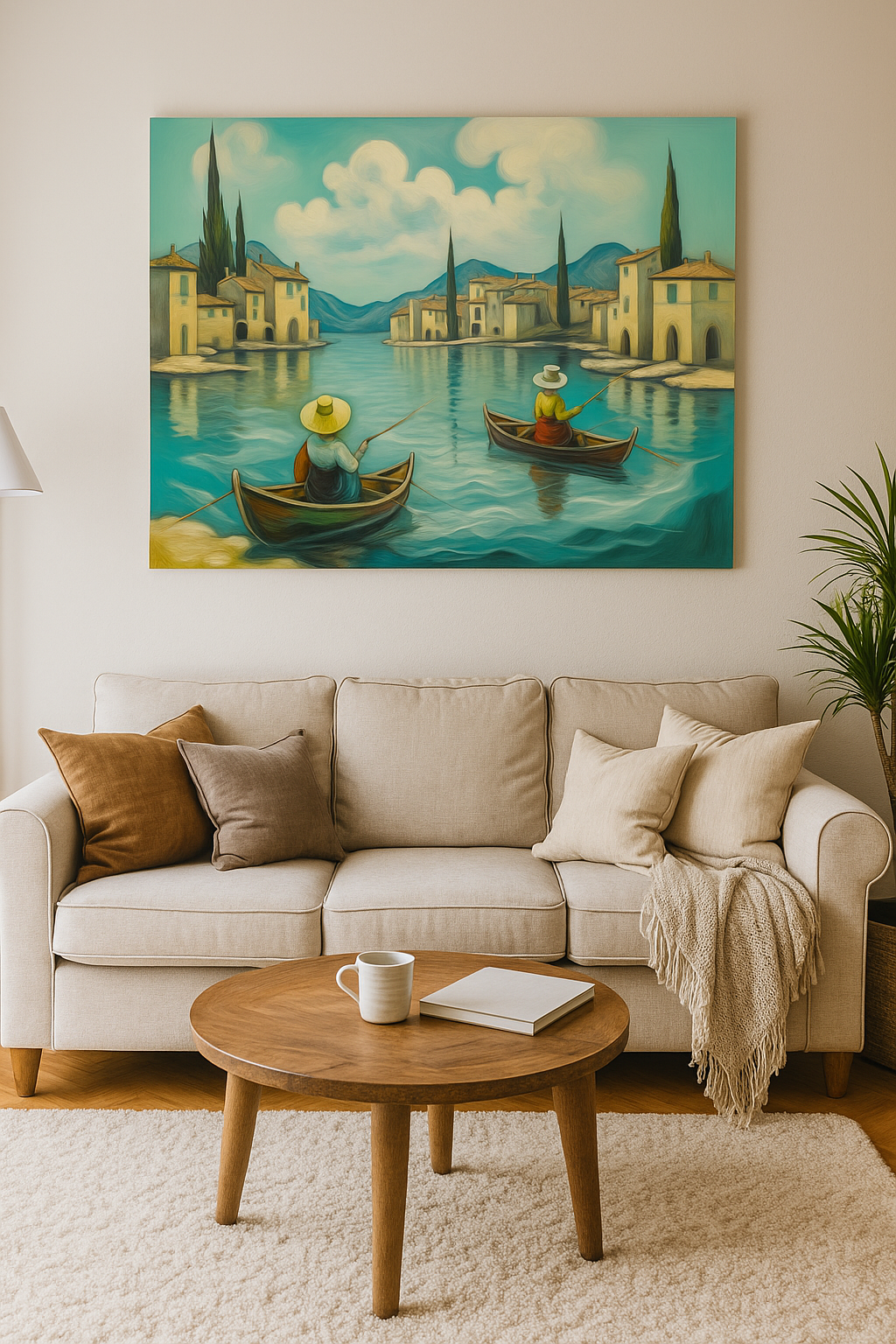 Serene Venetian Painting – Two Fishermen Boats on Turquoise River