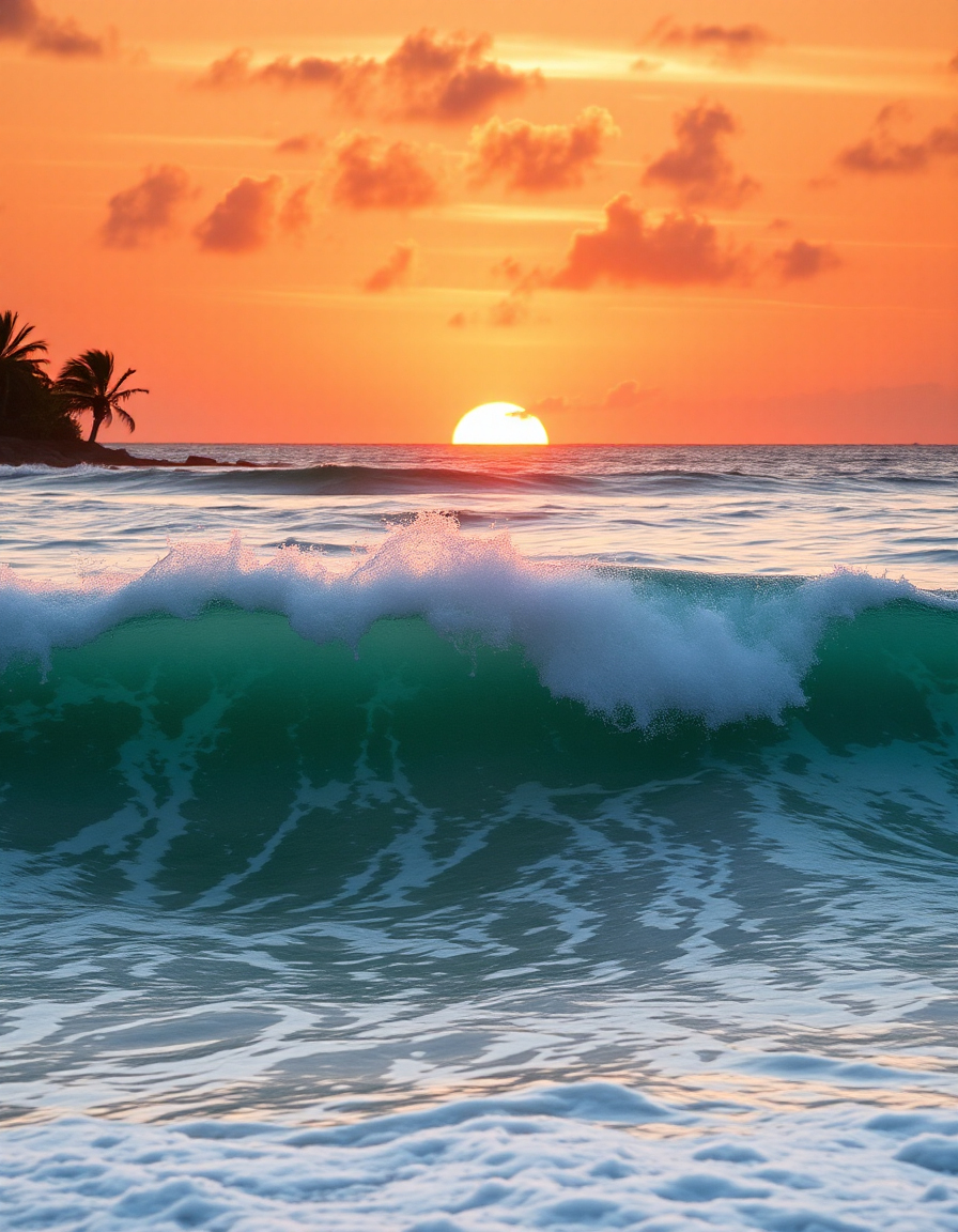 Tropical beach sunset poster with ocean wave art
