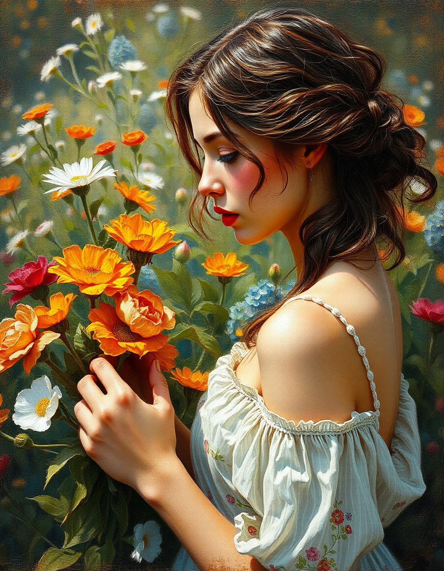 Woman Examining Flower Beside Bush