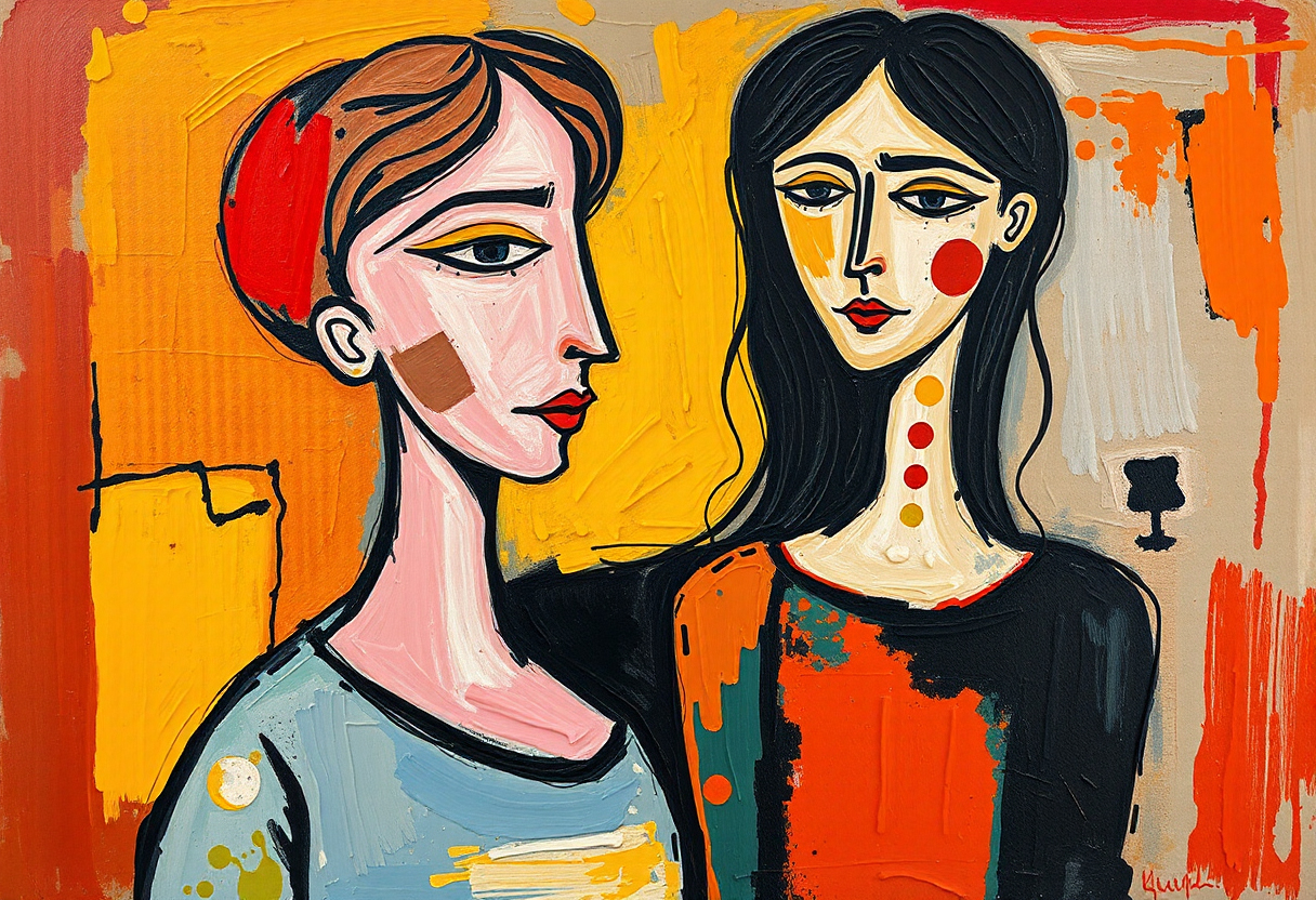 Abstract Picasso-Style Painting of Two Women – Orange and Red