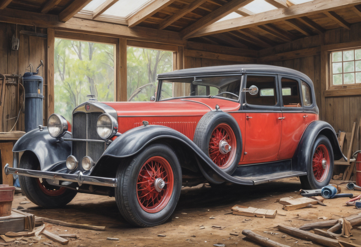 Red Vintage Car Circa 1935 in Wooden Garage