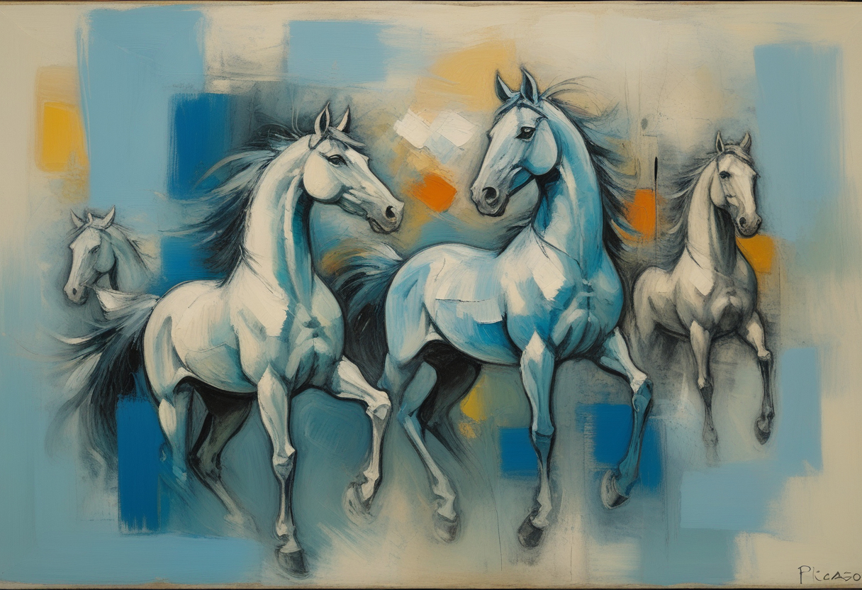 Abstract Artwork of Playful Horses – Blue Pastel Background