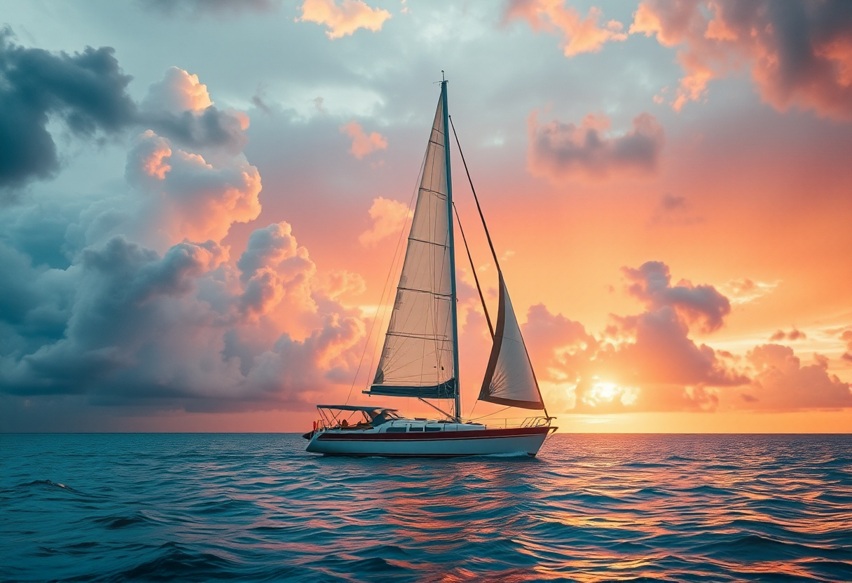 Sailboat on the ocean at colorful sunset wall art