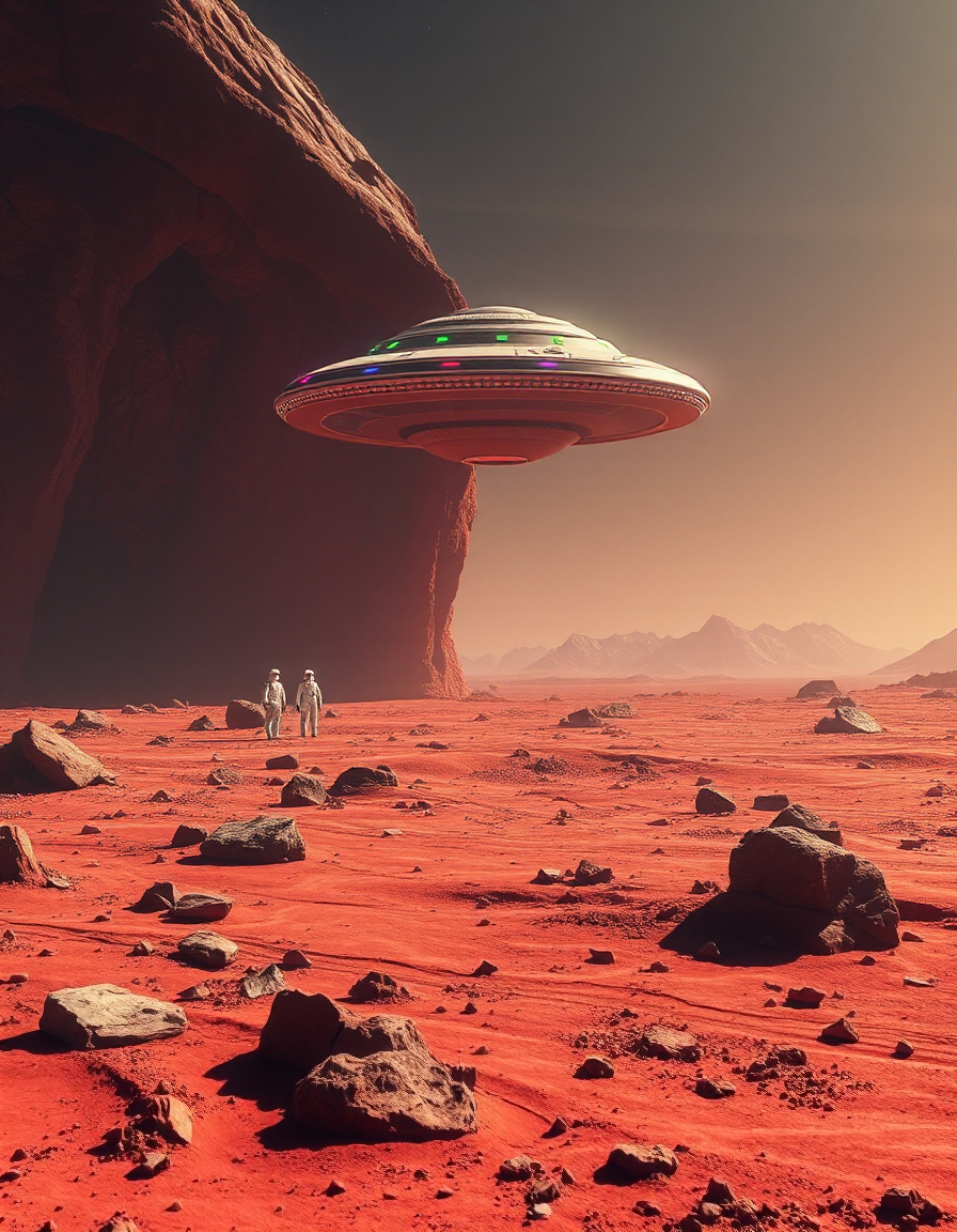 Flying Saucer Above Martian Desert Cliffs