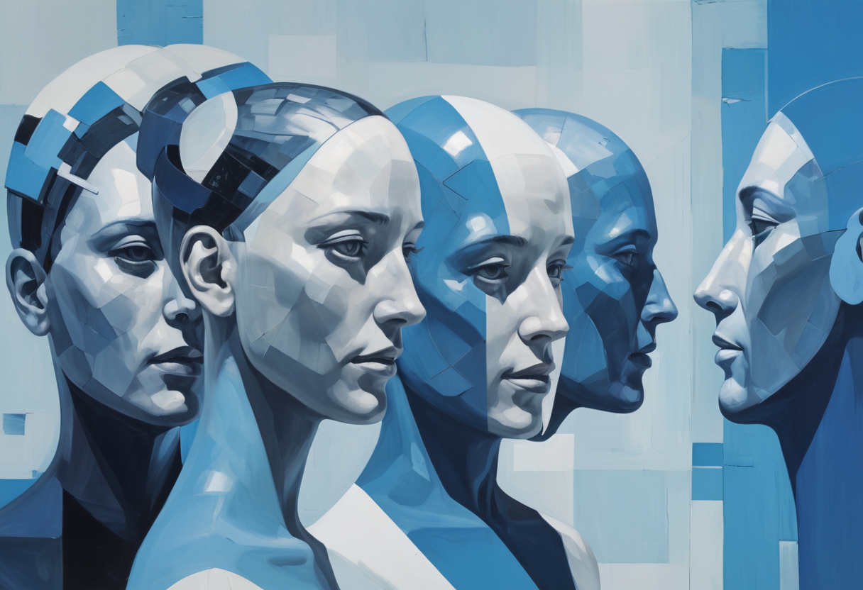 Abstract Blue and White Artwork of Five Female Figures