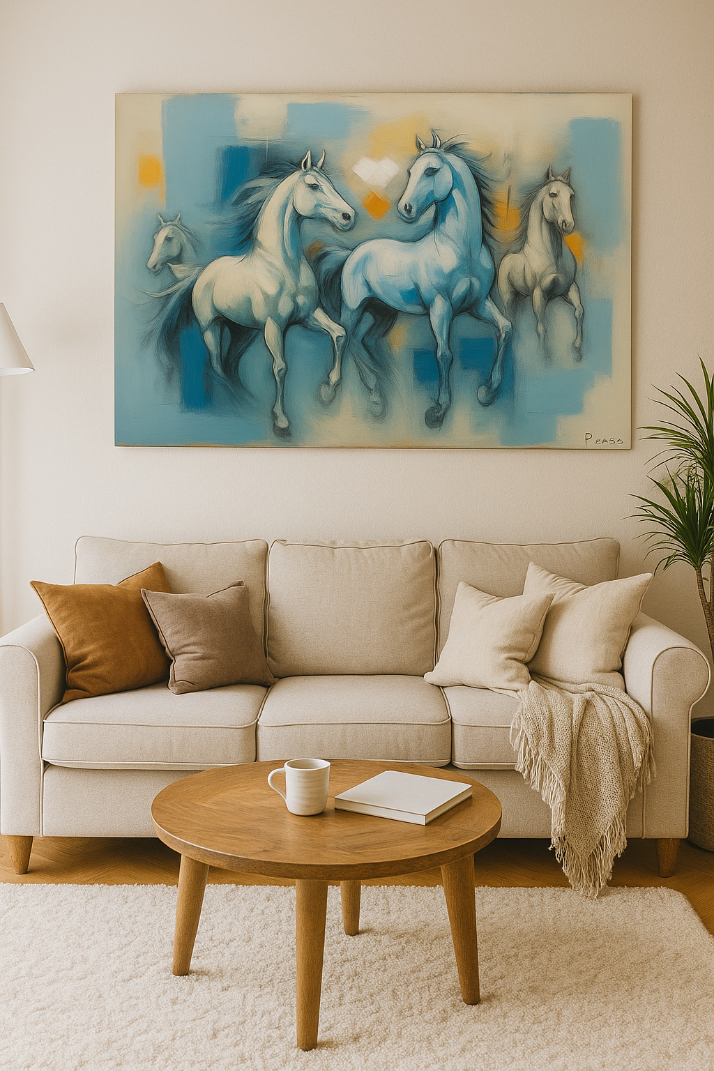 Abstract Artwork of Playful Horses – Blue Pastel Background