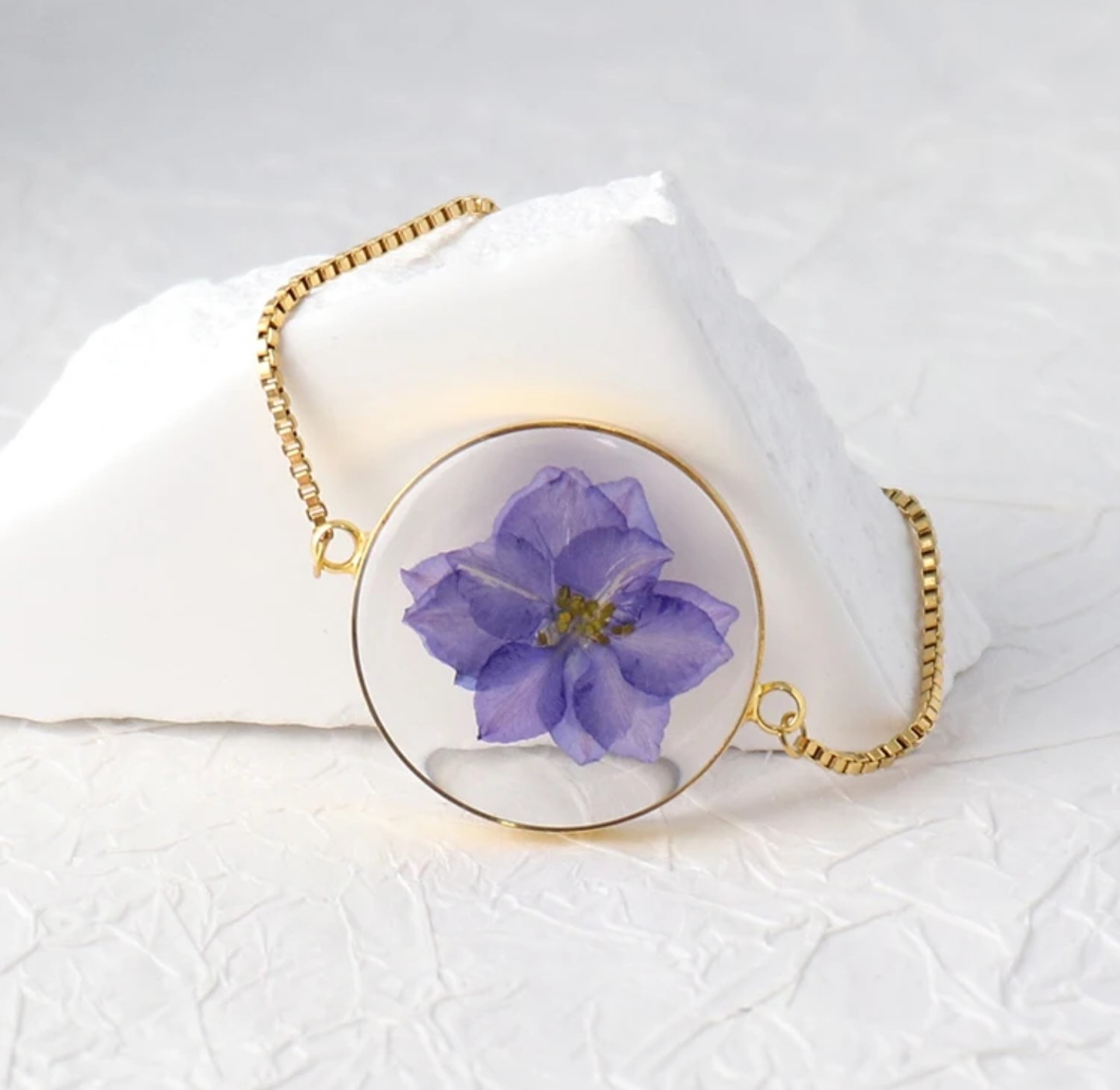 Larkspur Resin Bracelet – Real Flower Jewelry in Gold Frame