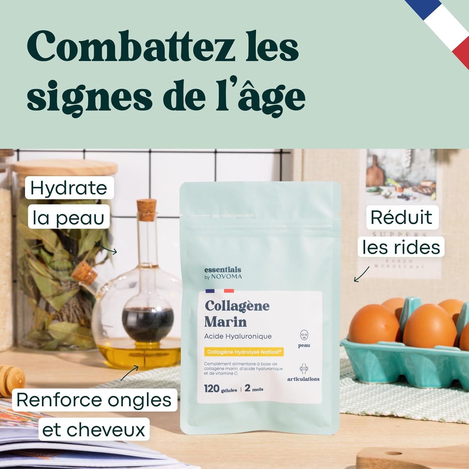 Collagène Marin + Acide Hyaluronique, Peau Hydratée et Articulations Fortes, Cure de 2 mois, 120 Gélules, Collagene Hydrolysé Type 1 Naticol®, Avec Vitamine...