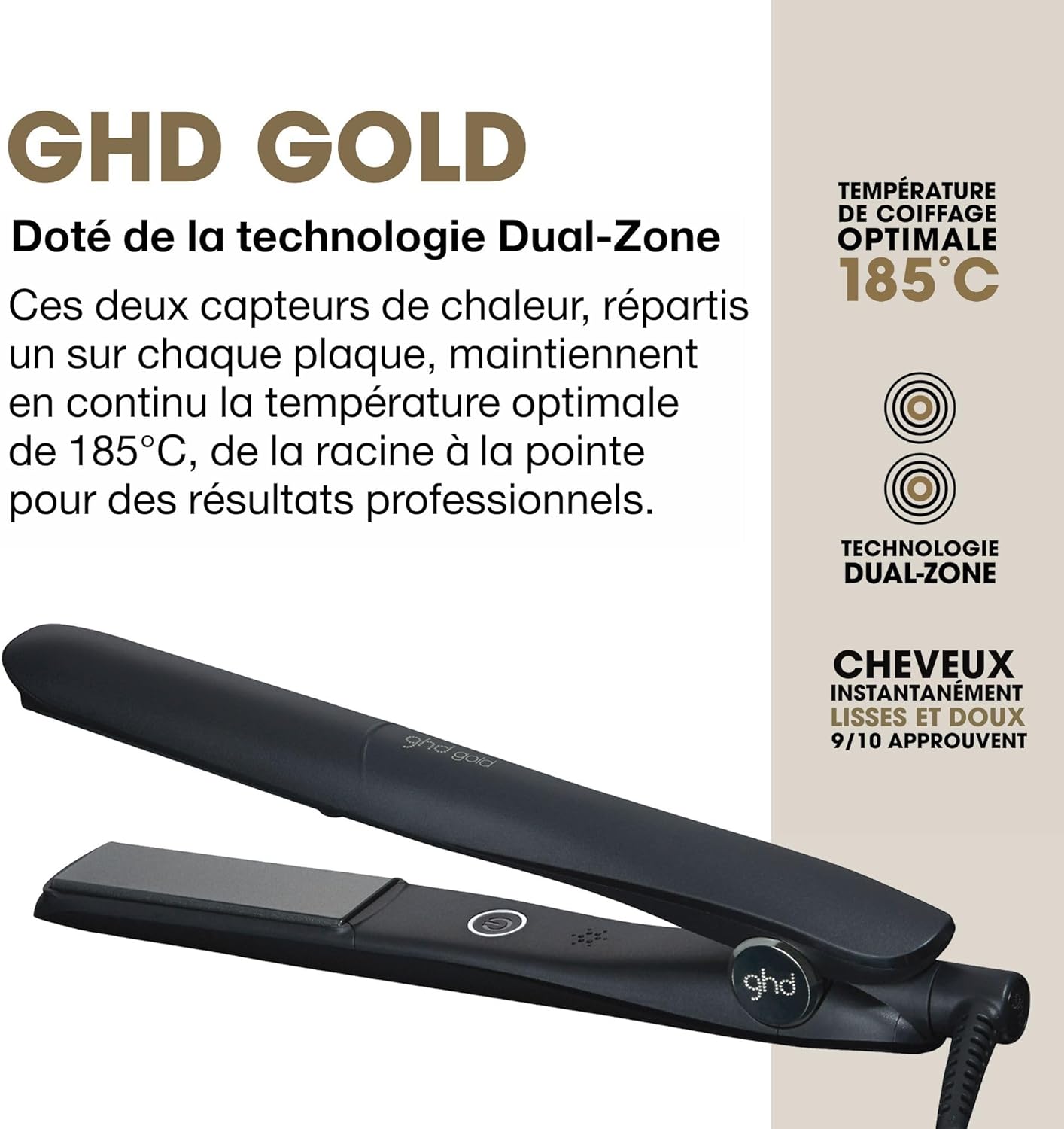 ghd - Lisseur ghd Gold - Fer à lisser professionnel (Noir) - Des cheveux plus lisses et 65% plus brillants - Lissez, ondulez vos cheveux grâce à son design arrondi - Idéal pour tous types de cheveux